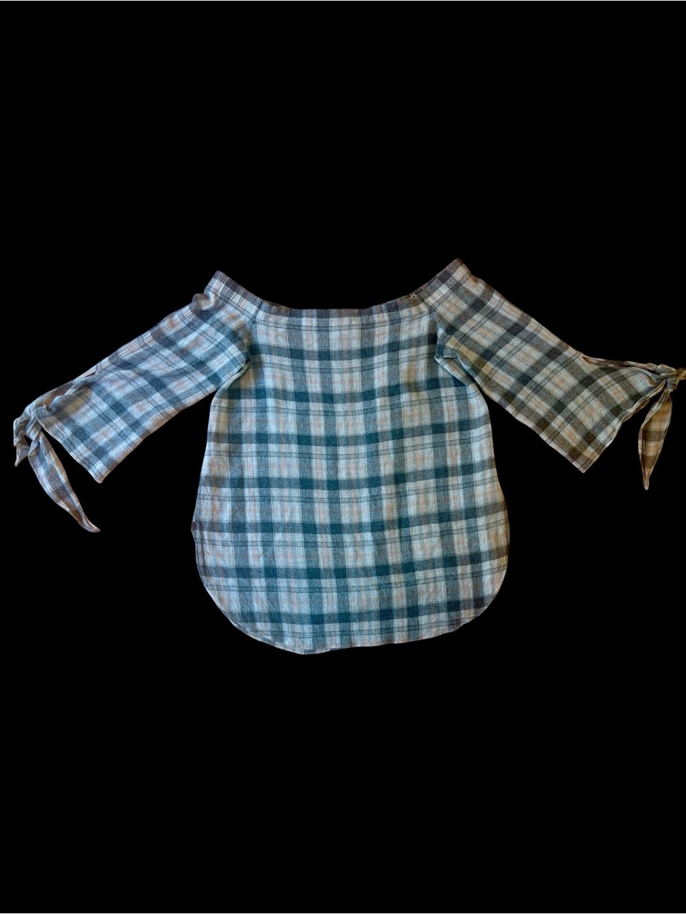 Club Monaco Off-Shoulder Plaid Tie-Sleeve Top - Green/White